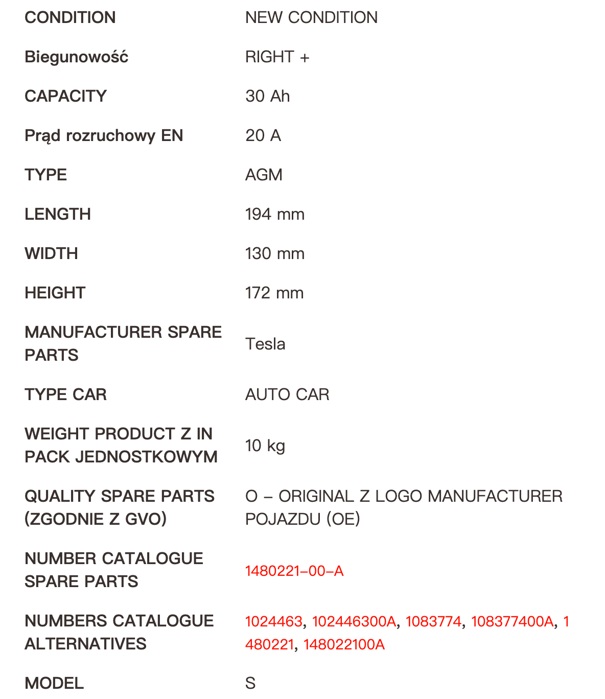 TESLA S BATTERY BATERIA 12V 1480221-00-A NEW CONDITION Find parts for your vehicle +(86)137 2928 2887